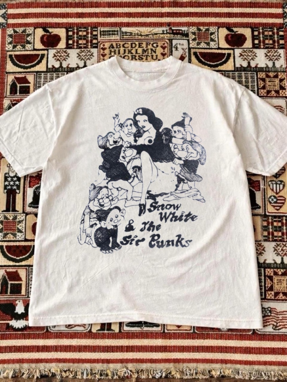 Gildan White Tee with Navy Snow White & Dwarfs Graphic